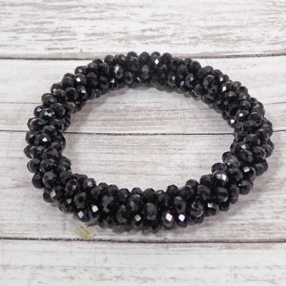 Black glass bead cluster stretch bracelet with all black small glass beads